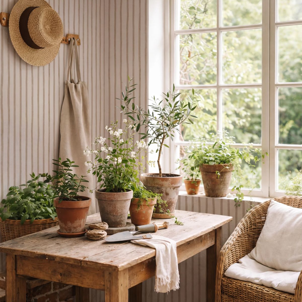 Interieur met Atelier Stripe Sketch Clay behang van Summer Gray – warm en aards design door Lily Odette