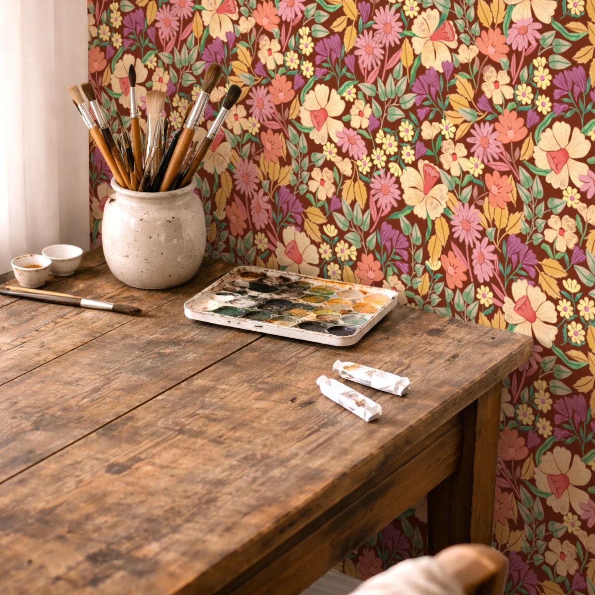 Interieur met Bloom Dusk bloemenbehang van Summer Gray – dromerig en romantisch design door Lily Odette