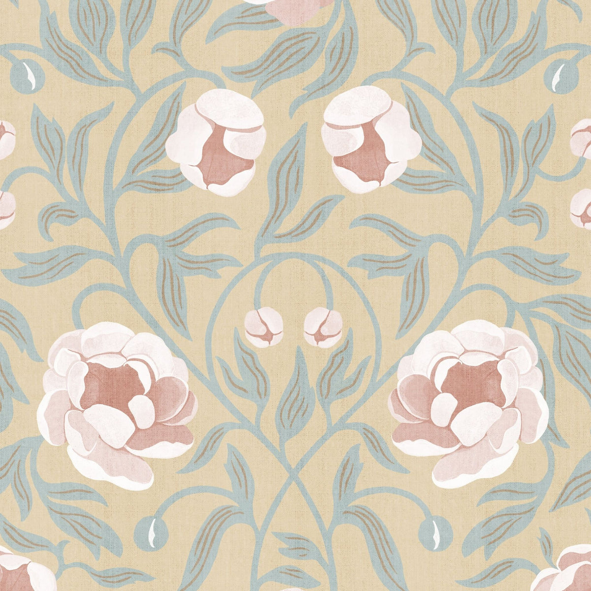 Peony Yellow & Green behang van Summer Gray met crème-roze pioenrozen en grijsgroene bladeren op zachtgeel