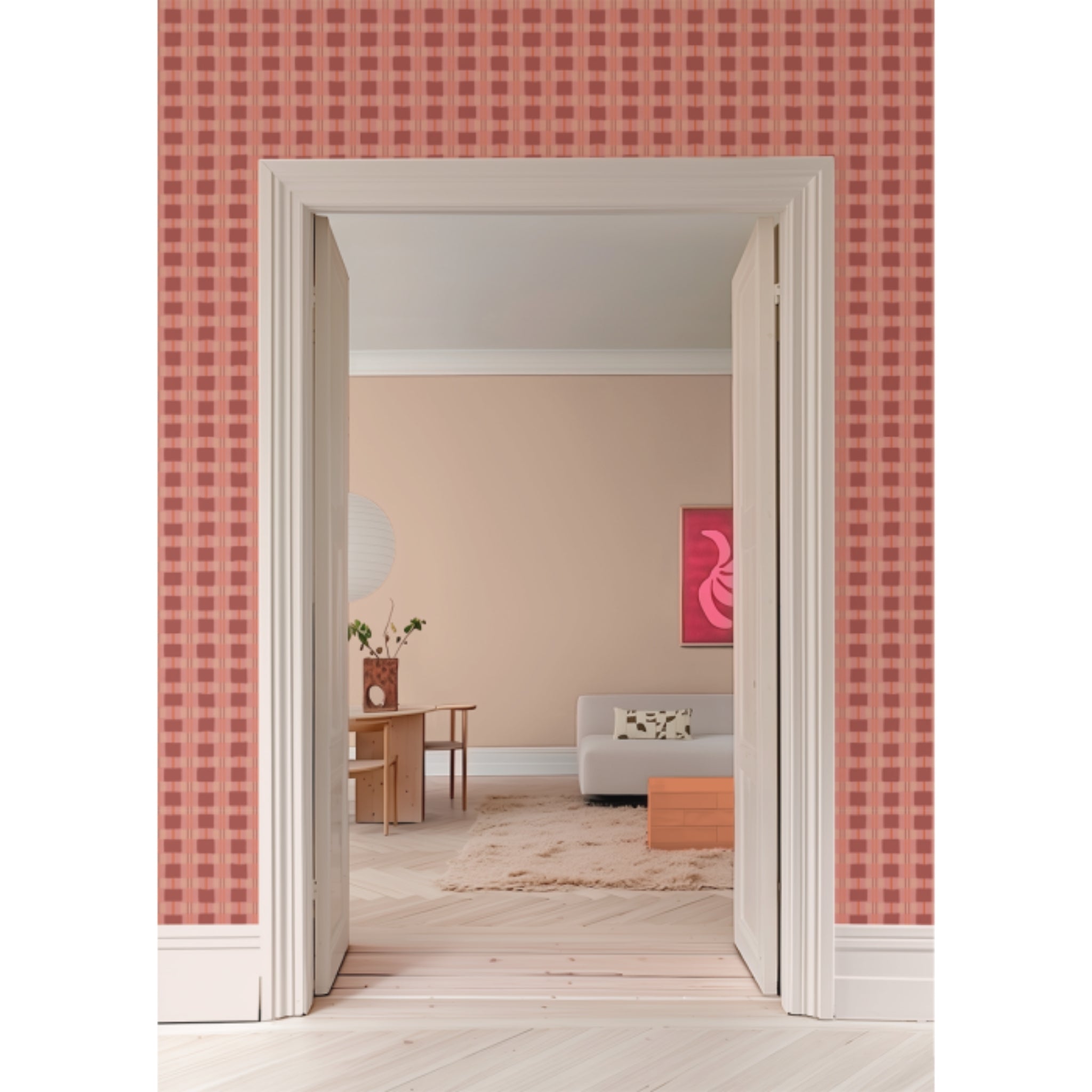 Behang Geruit Framboos Bibelotte interieur – warme framboostinten in de woonkamer