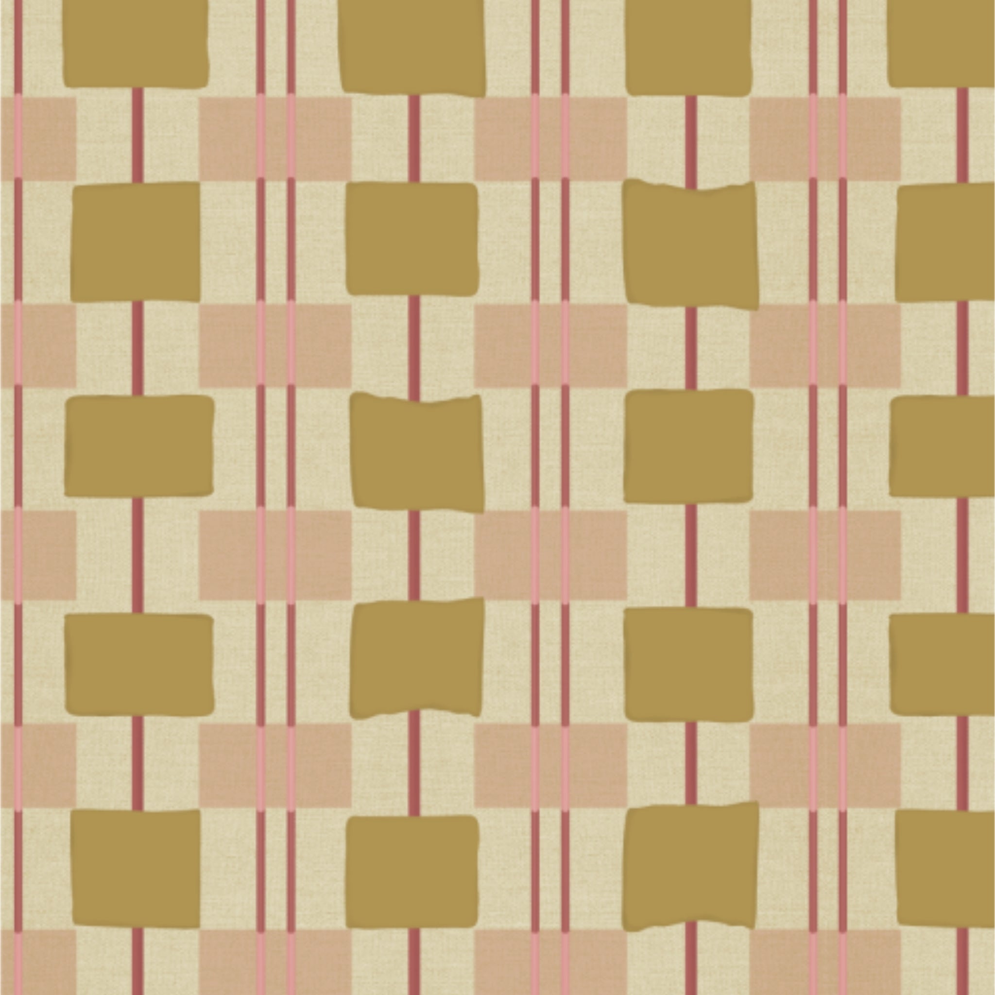 Behang Geruit Toffee Bibelotte print detail – handgetekende ruiten met zachte roze accenten