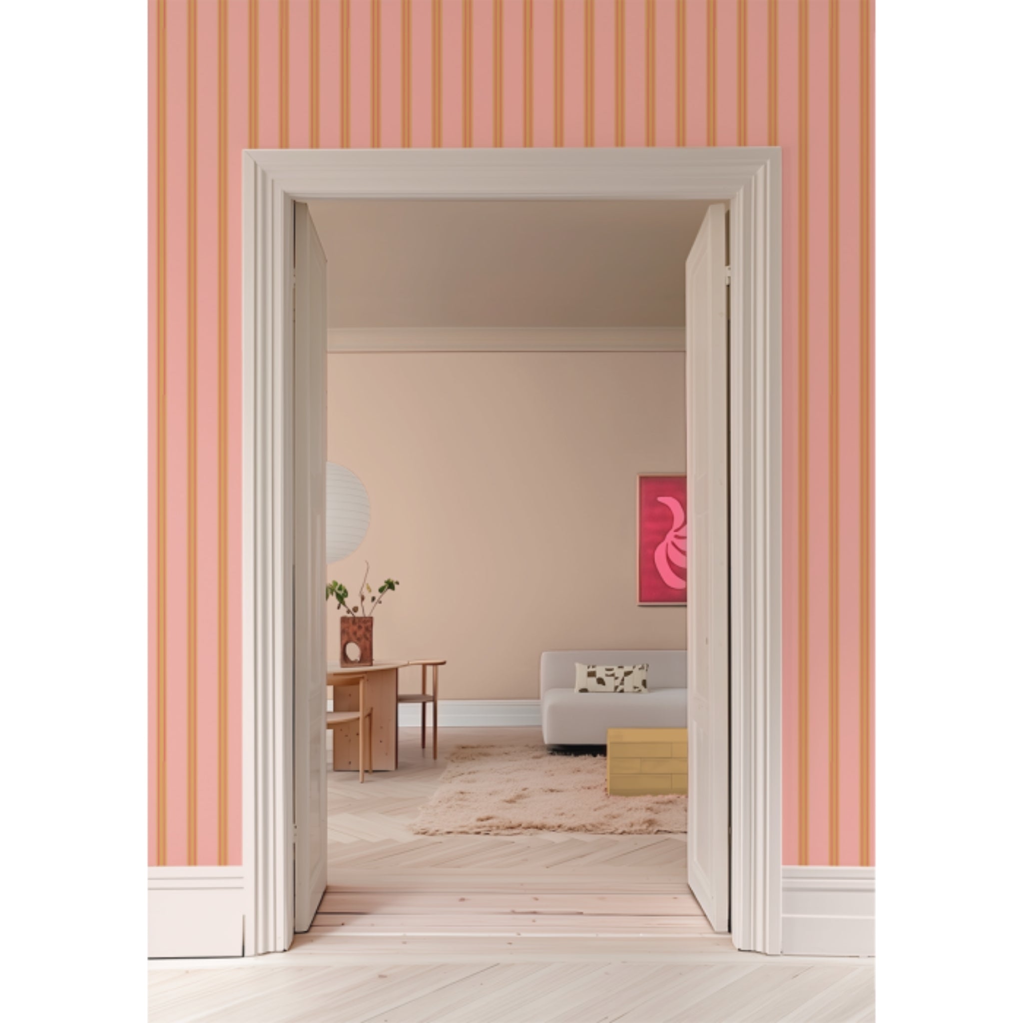 Behang Juna Candy van Bibelotte in een sfeervolle babykamer of kinderkamer met poederroze streeppatroon