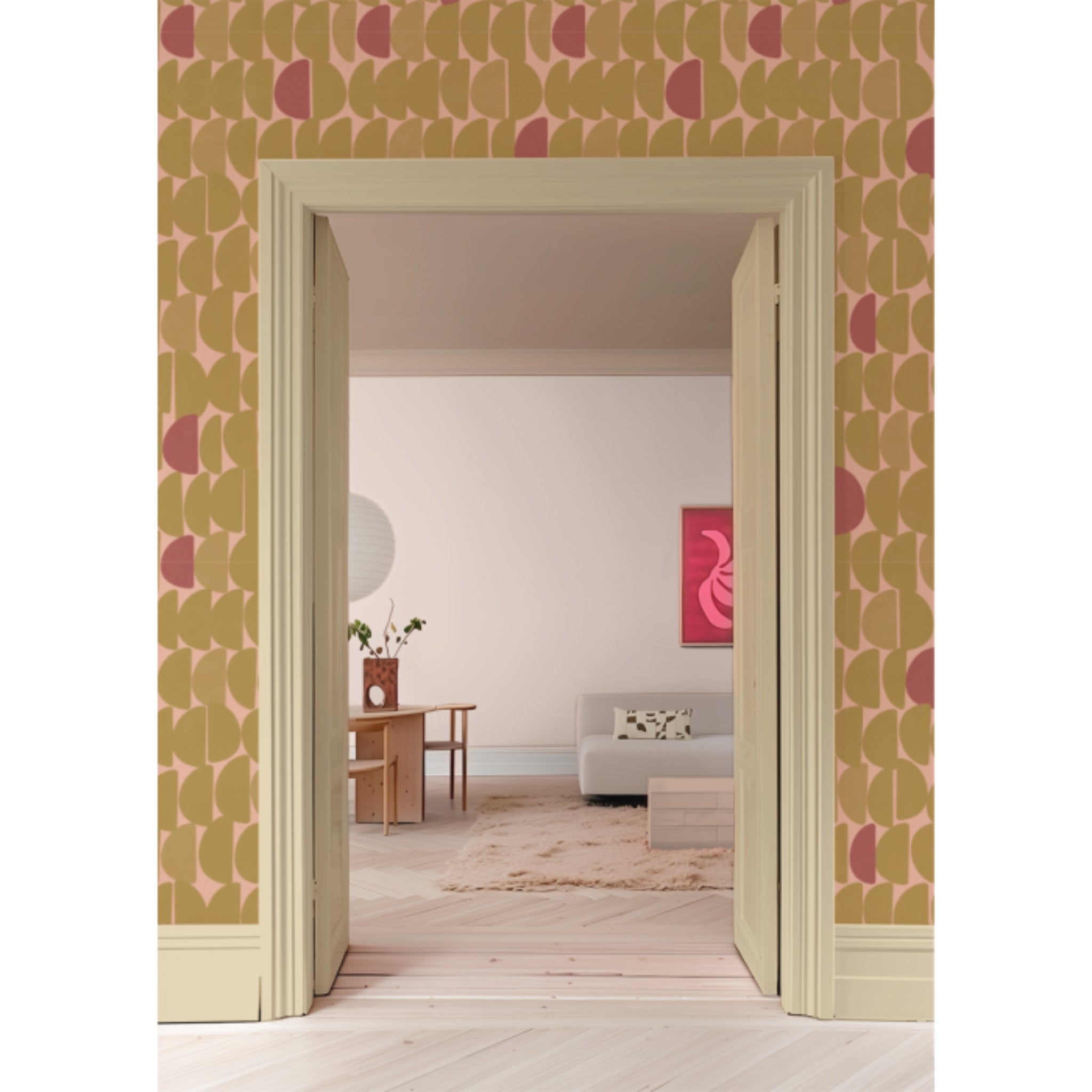 Behang Stone Oker Bibelotte interieur – warme okertinten in de woonkamer