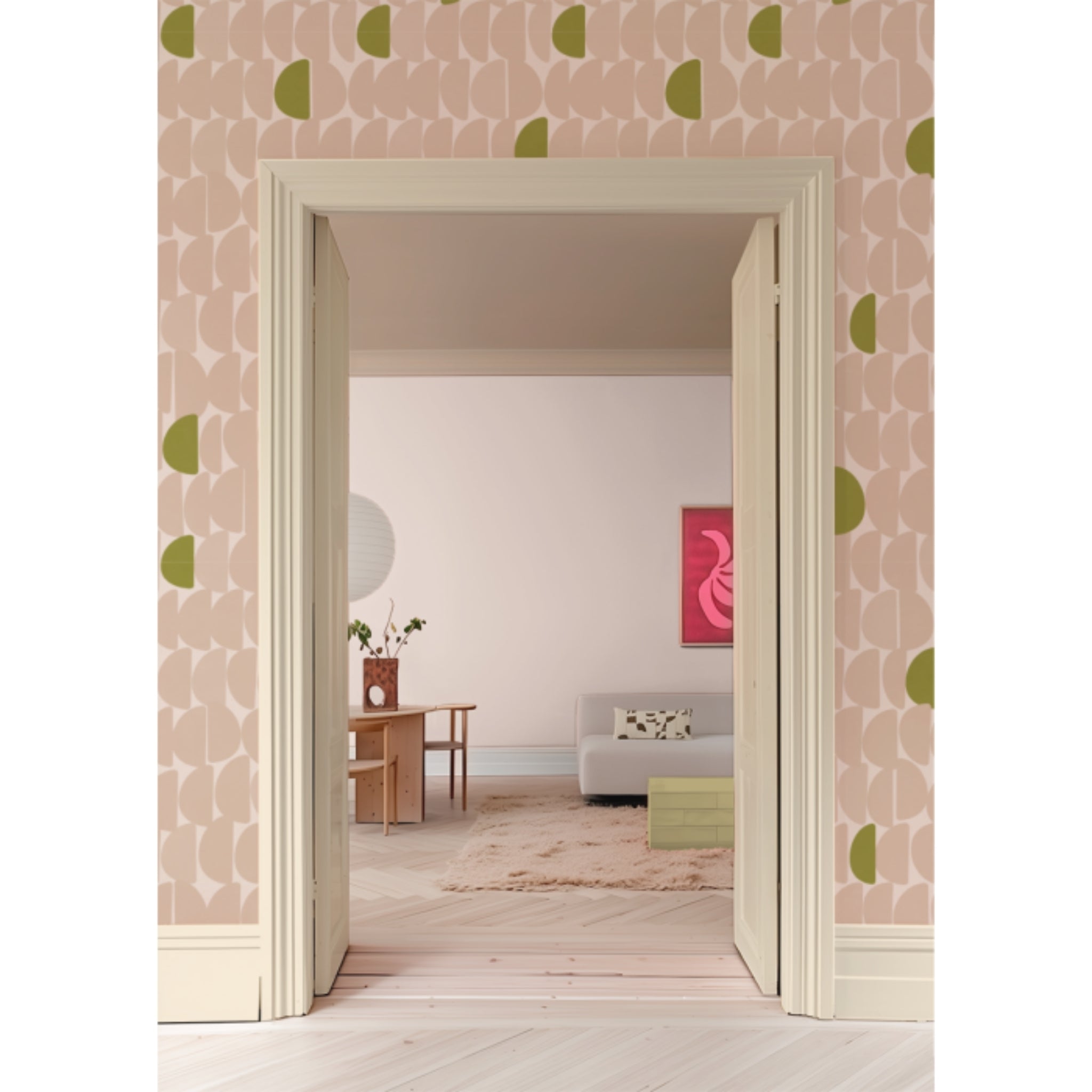 Behang Stone Poeder Bibelotte interieur – poederroze tinten in de woonkamer