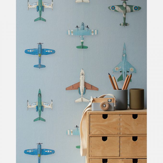 Vliegtuigjes behang lichtblauw - Studio Ditte