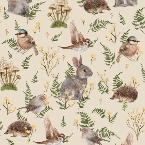 Birds & Bunnies Ecru - Summer Gray