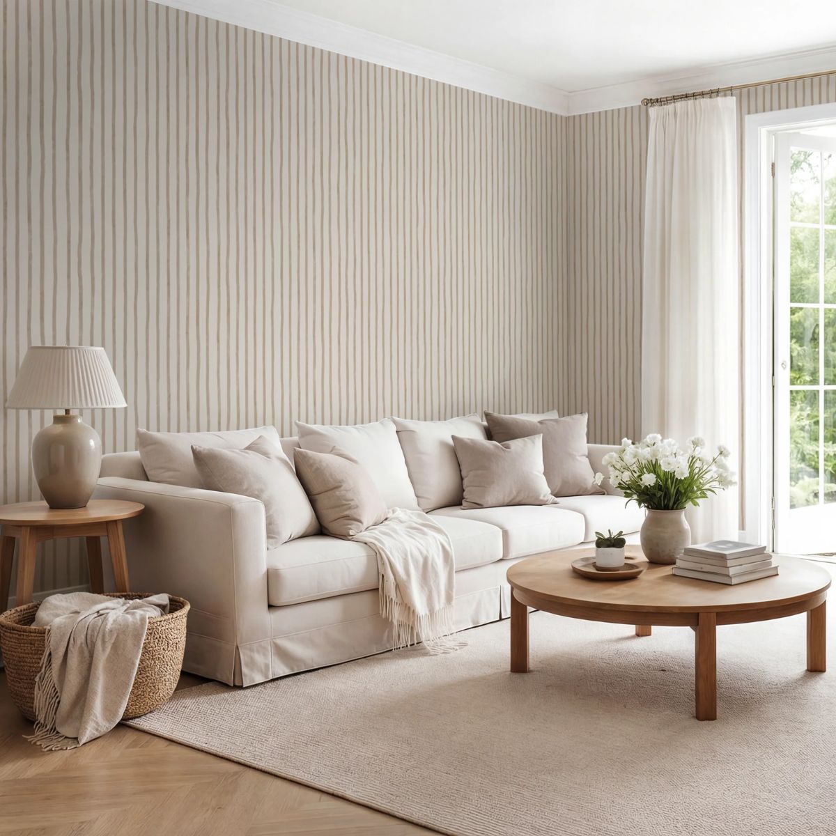 Atelier Stripe Sketch Clay behang van Summer Gray op een muur – handgetekend streepdesign in Clay-tinten