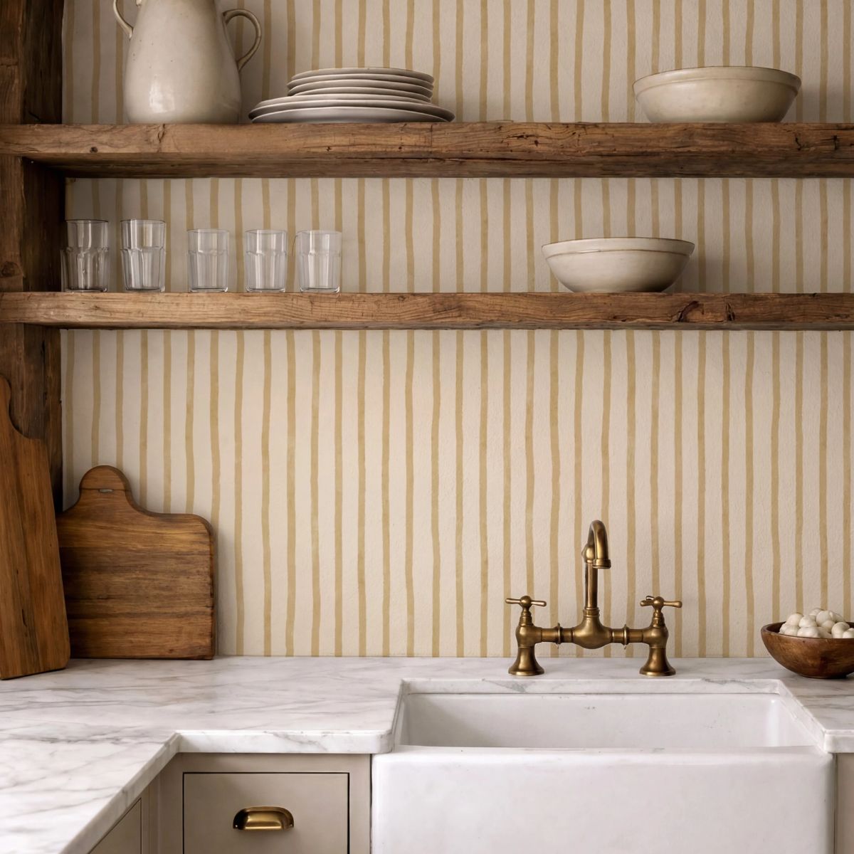 Atelier Stripe Sketch Gold behang van Summer Gray op een muur – handgetekend streepdesign in goud