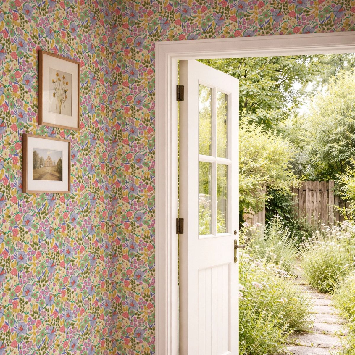 Interieur met Bloom Meadow bloemenbehang van Summer Gray – natuurlijk en fris design door Lily Odette