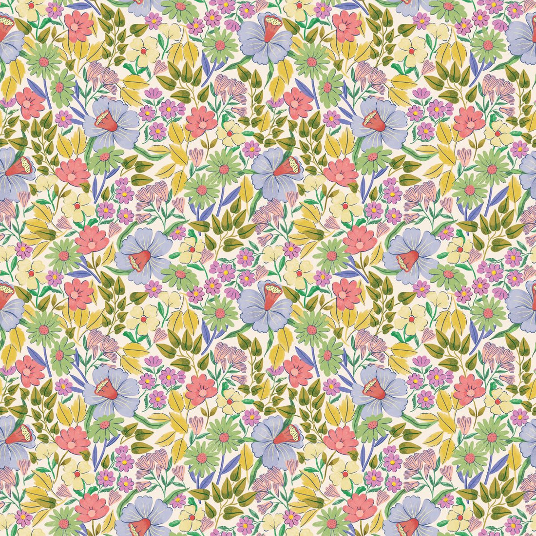 Bloom Meadow vliesbehang van Summer Gray – fris wildbloempatroon in zachte groene en salie tinten