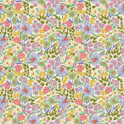 Bloom Meadow vliesbehang van Summer Gray – fris wildbloempatroon in zachte groene en salie tinten