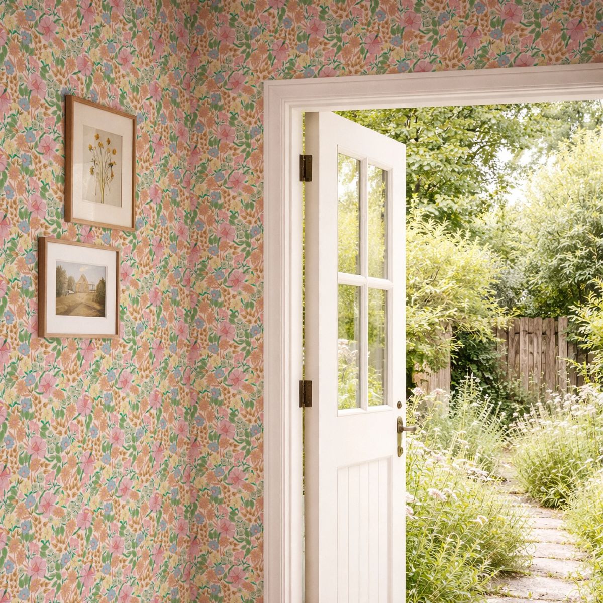 Bloom Rose behang van Summer Gray op een muur – botanisch bloemenmotief in warme Rose-tinten