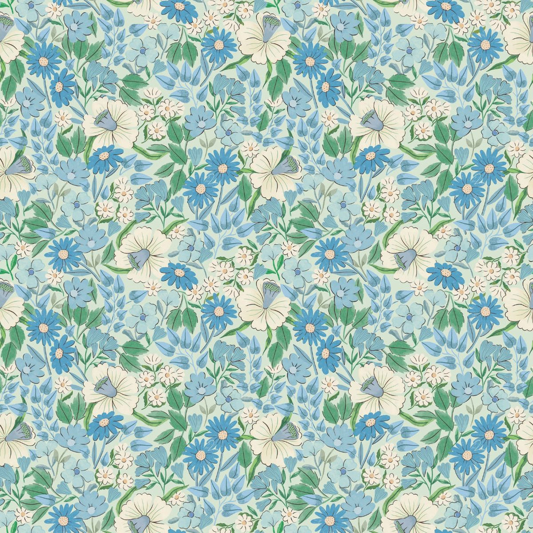 Bloom Sky vliesbehang van Summer Gray – speels wildbloempatroon in zachte, luchtige tinten