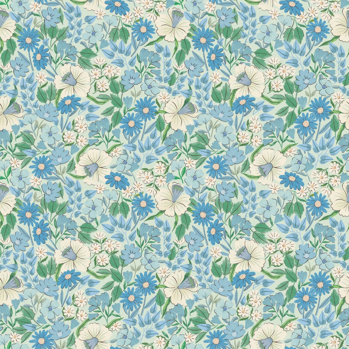 Bloom Sky vliesbehang van Summer Gray – speels wildbloempatroon in zachte, luchtige tinten
