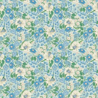 Bloom Sky vliesbehang van Summer Gray – speels wildbloempatroon in zachte, luchtige tinten
