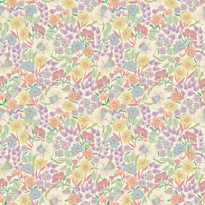 Bloom Violet bloemenbehang Summer Gray – romantisch botanisch patroon in zachte paarstinten