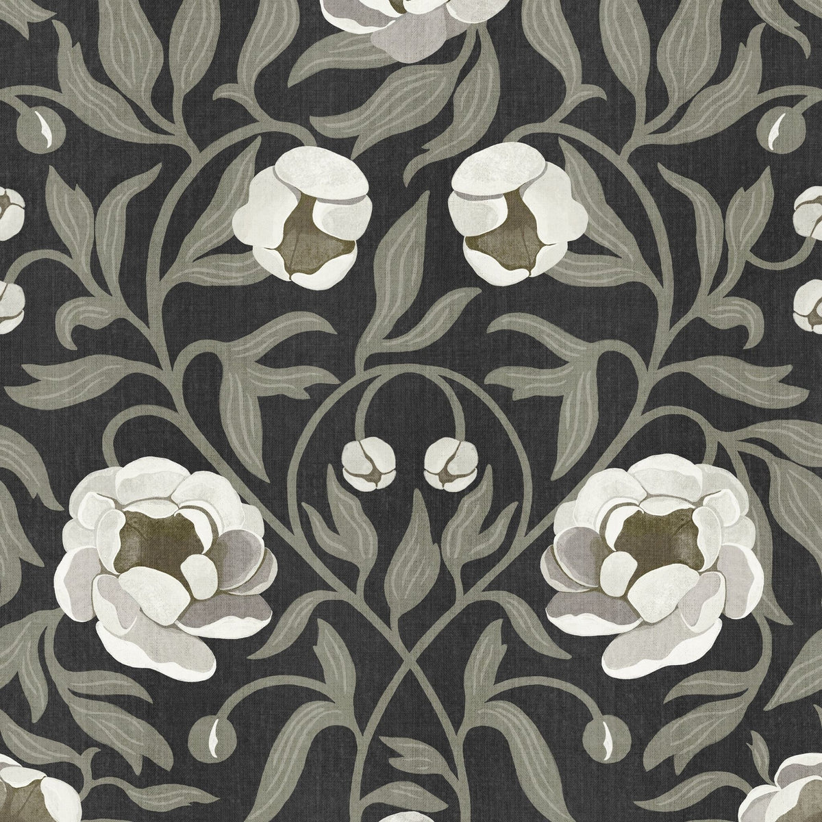 Peony Charcoal behang van Summer Gray met crèmekleurige pioenrozen en grijsgroene bladeren op antraciet