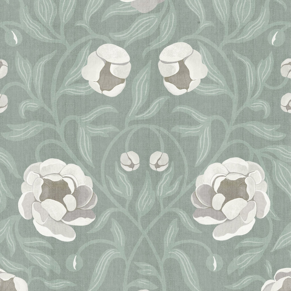 Peony Green bloemenbehang van Summer Gray met crèmekleurige pioenrozen en sierlijke bladeren op een zachtgroene achtergrond.