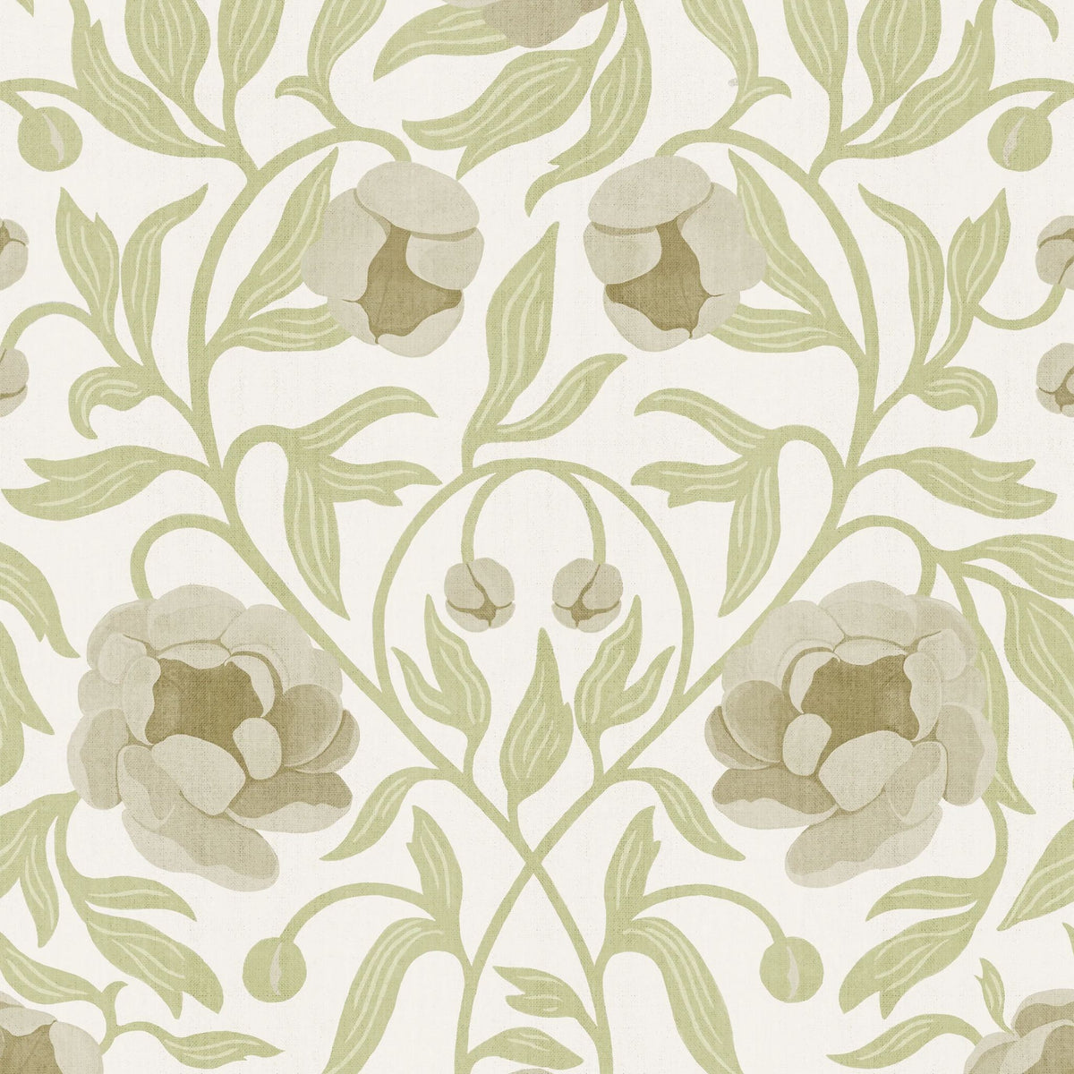 Peony Cream &amp; Green bloemenbehang van Summer Gray met crèmekleurige pioenrozen en zachtgroene bladeren.