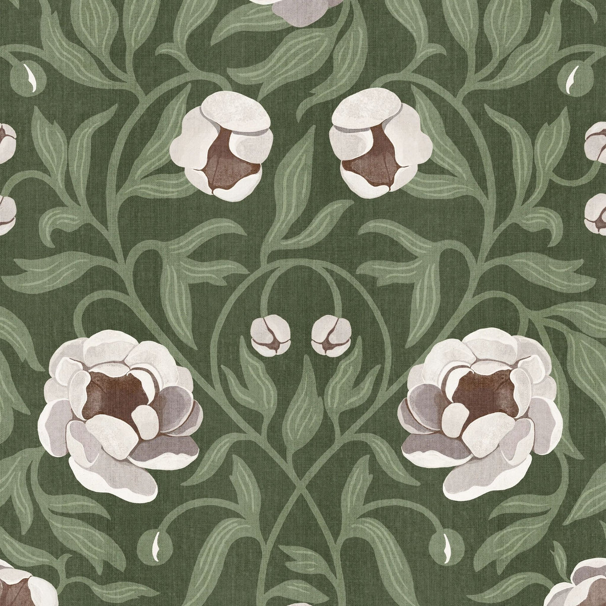 Peony Dark Green &amp; Cream bloemenbehang van Summer Gray met crèmekleurige pioenrozen en groene bladeren op een donkergroene achtergrond.