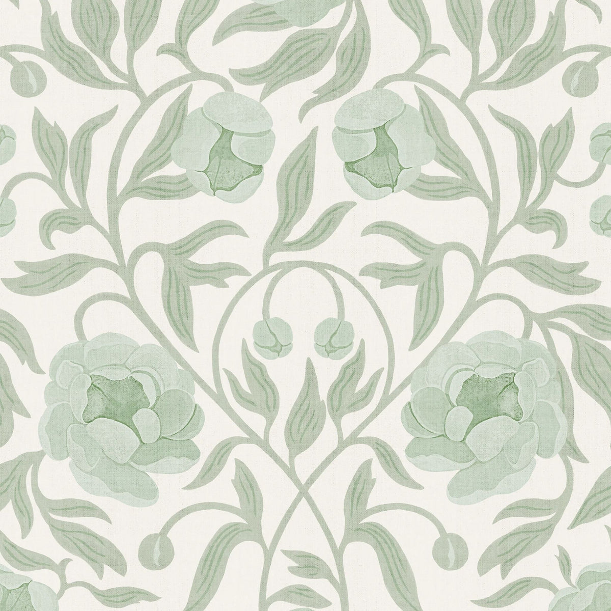 Peony White &amp; Green behang van Summer Gray met zachtgroene pioenrozen en sierlijke bladeren op een gebroken witte achtergrond