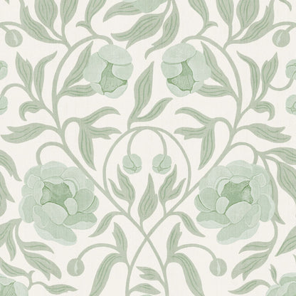 Peony White &amp; Green behang van Summer Gray met zachtgroene pioenrozen en sierlijke bladeren op een gebroken witte achtergrond