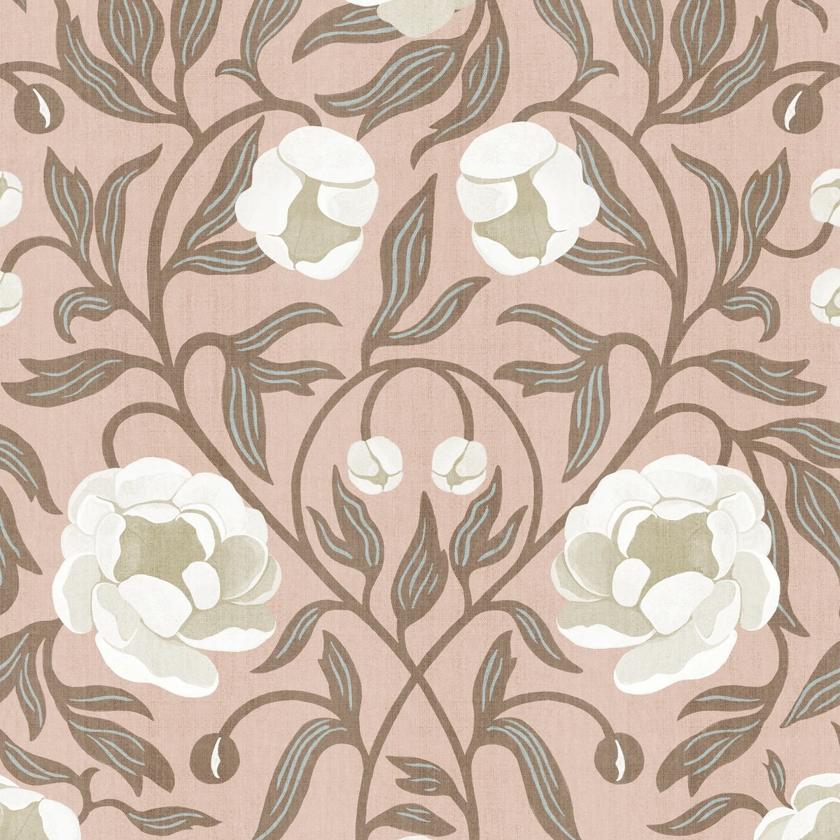 Peony Pink &amp; Brown behang van Summer Gray met crèmekleurige pioenrozen en bruine bladeren op een zachtroze achtergrond