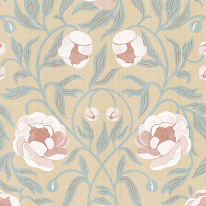 Peony Yellow &amp; Green behang van Summer Gray met crème-roze pioenrozen en grijsgroene bladeren op zachtgeel