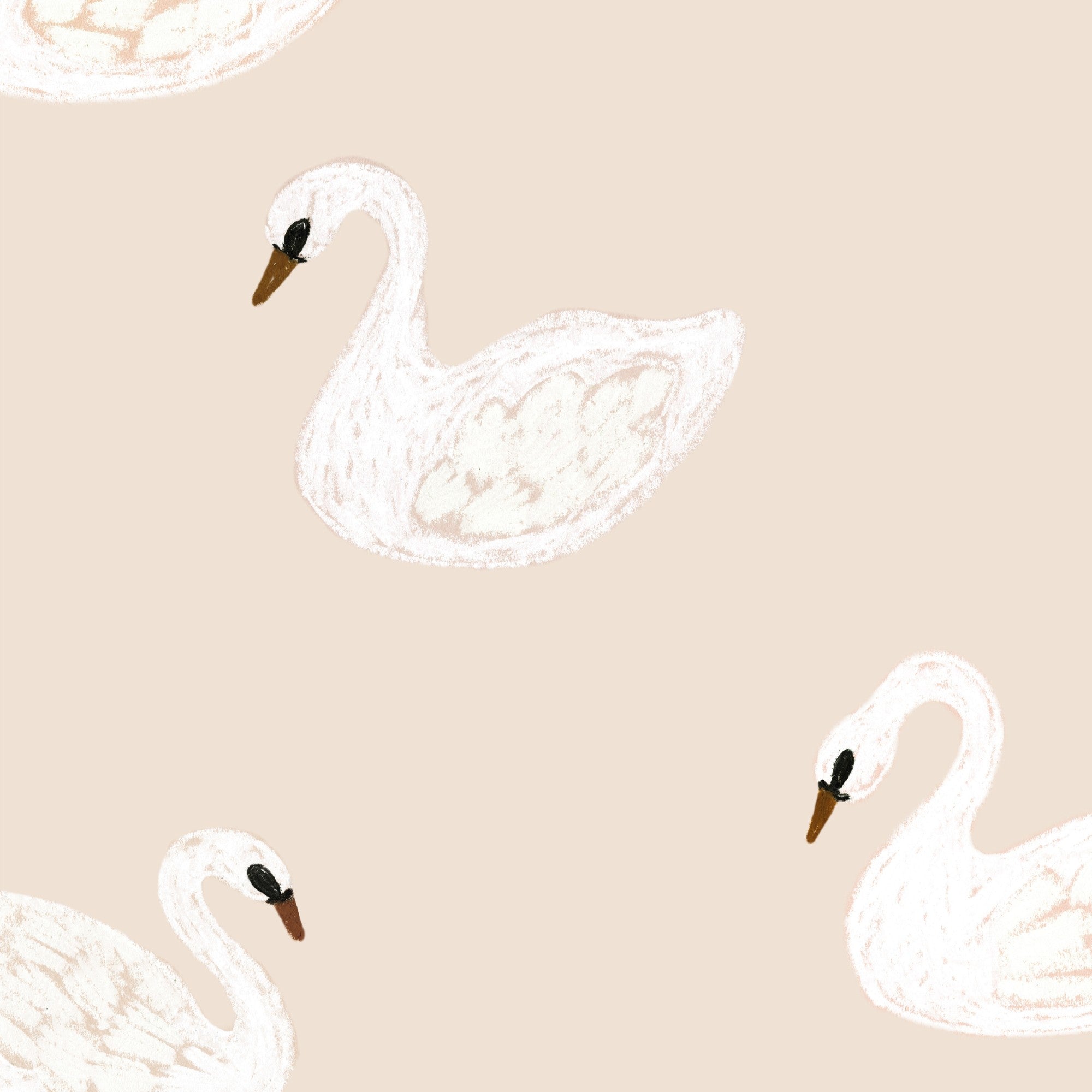 Detail van kinderkamer behang met sierlijke zwanen in zacht beige en dromerige stijl
