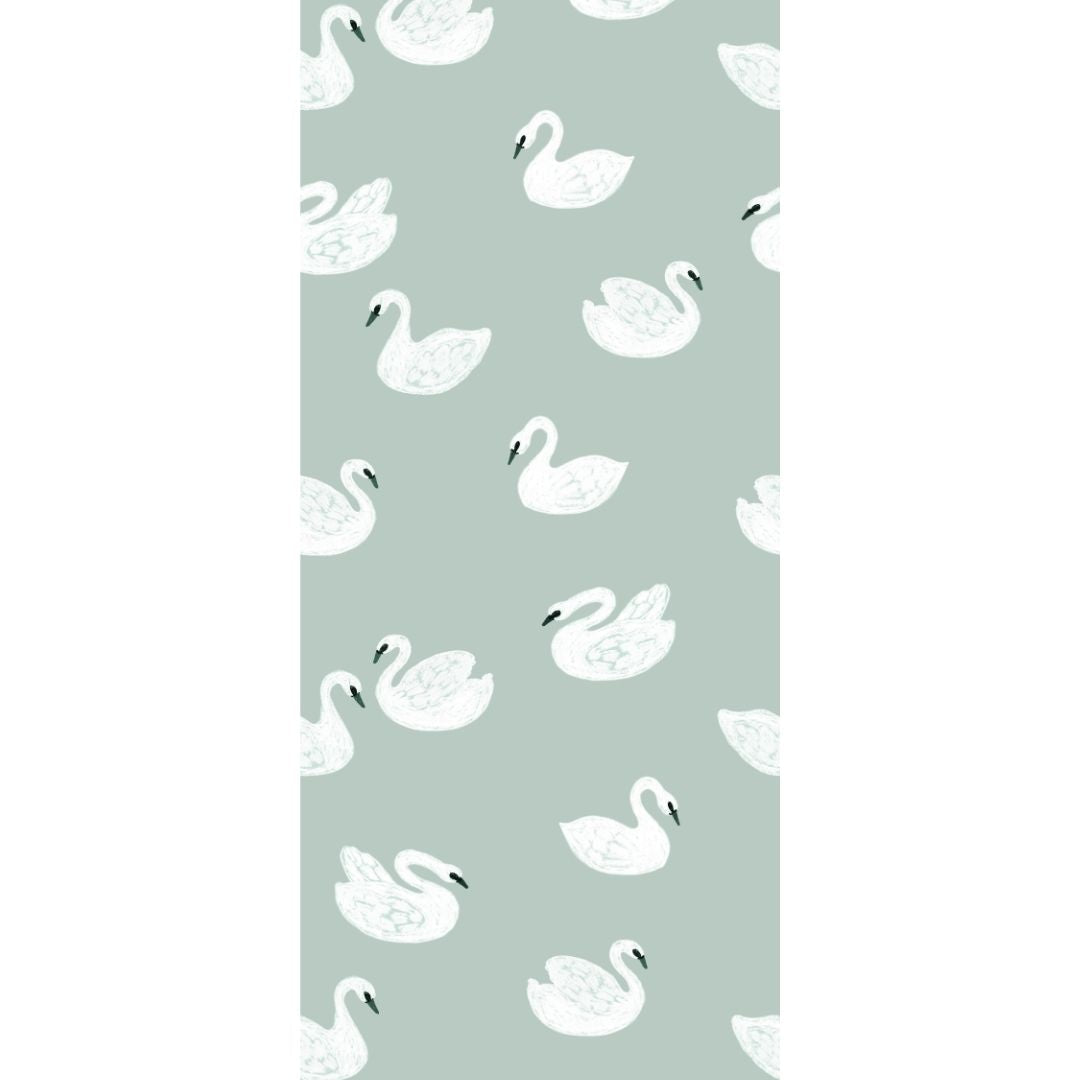 Patroon van kinderkamer behang met sierlijke zwanen in blauw groene kleur en dromerige stijl