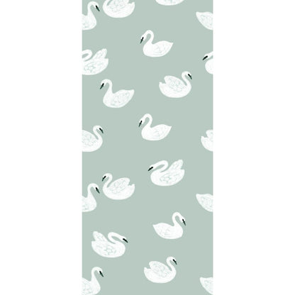 Patroon van kinderkamer behang met sierlijke zwanen in blauw groene kleur en dromerige stijl