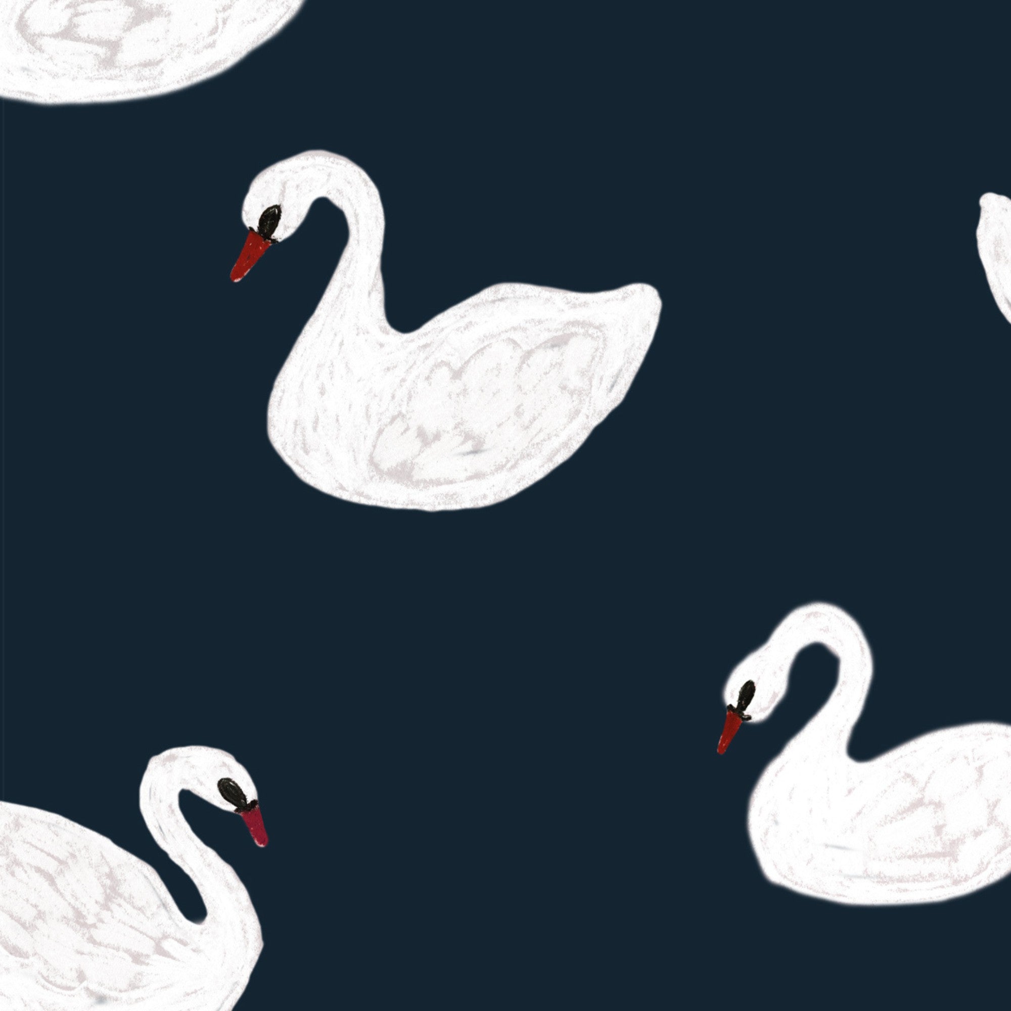 Detail van donkerblauw kinderkamer behang met sierlijke witte zwanen