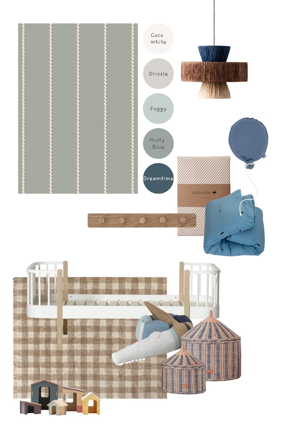 Kinderkamer Lintjes behang Noa mistblauw | Studio Ditte