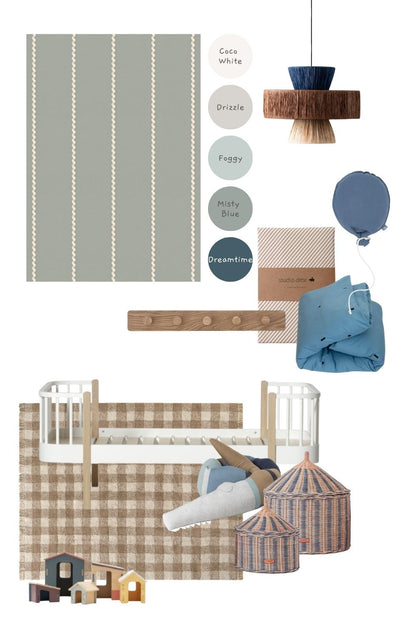 Kinderkamer Lintjes behang Noa mistblauw | Studio Ditte
