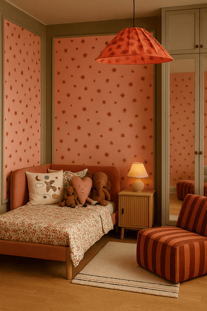 Roze kinderkamer behang met sterren – Starry Night Pink styling meisjeskamer | Meet Me at the Wall