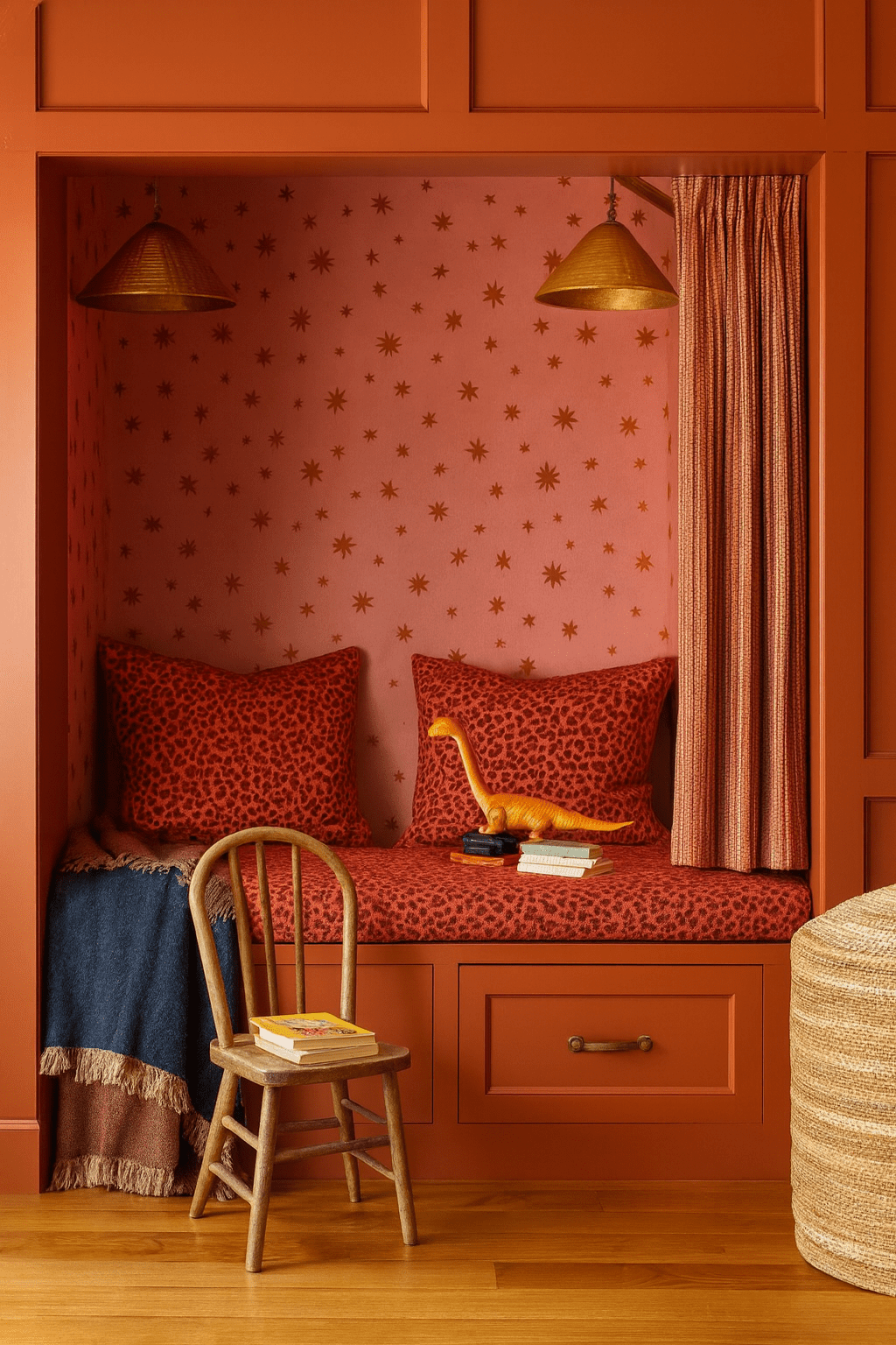 Kinderbehang Starry Night Pink in kinderkamer met bedstee – roze muurdecoratie met sterren | Meet Me at the Wall