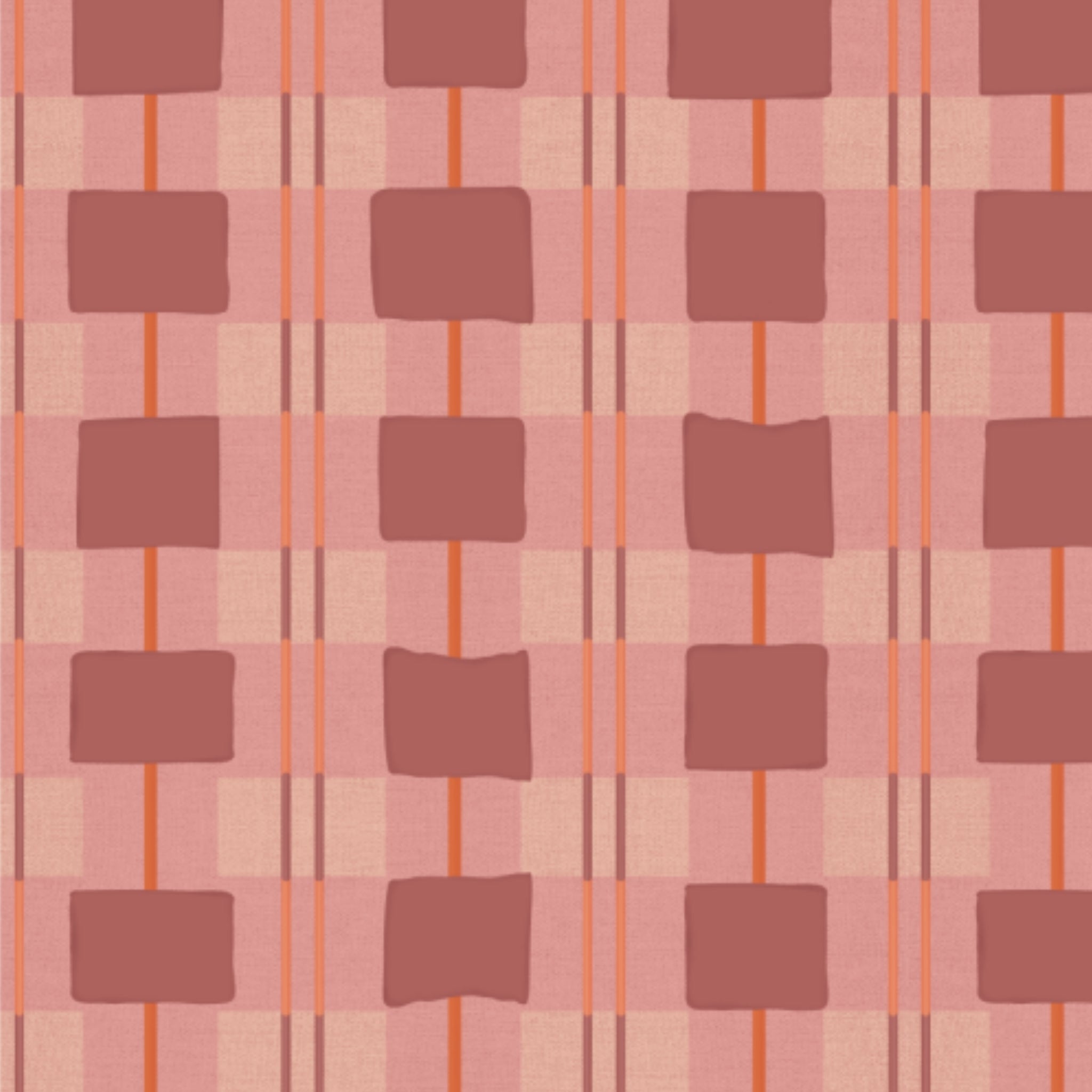 Behang Geruit Framboos Bibelotte print detail – handgetekende ruiten met warme framboostinten
