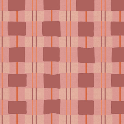 Behang Geruit Framboos Bibelotte print detail – handgetekende ruiten met warme framboostinten
