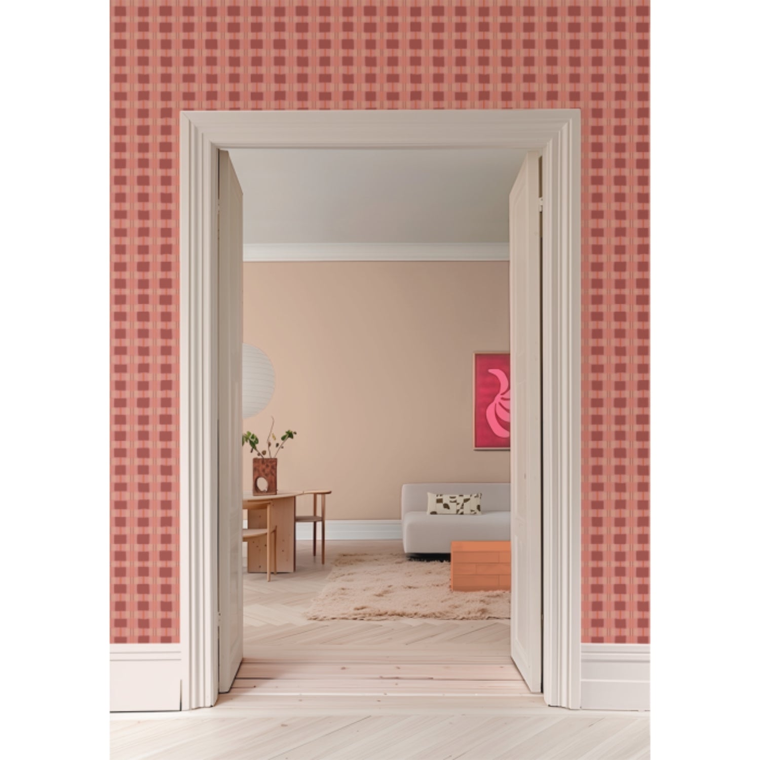 Behang Geruit Framboos Bibelotte interieur – warme framboostinten in de woonkamer