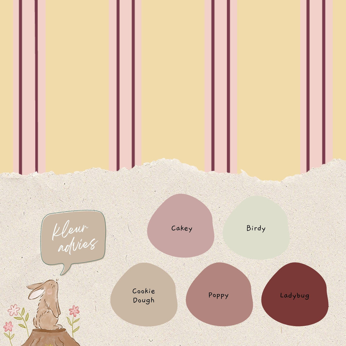 Advies voor verfkleuren bij behang Juna Boter van Bibelotte met brede strepen in zachte butter yellow, roze en bordeaux