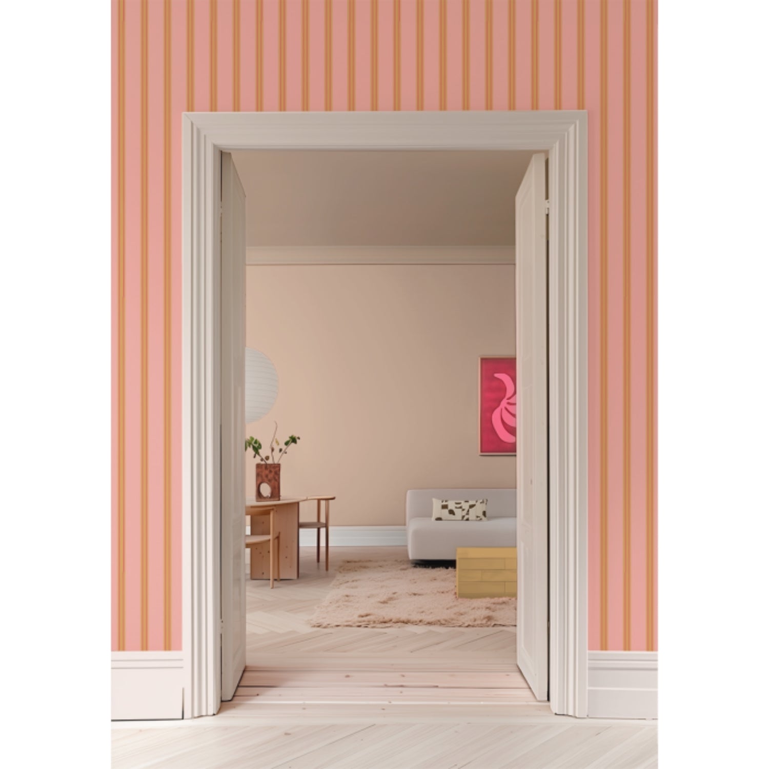 Behang Juna Candy van Bibelotte in een sfeervolle babykamer of kinderkamer met poederroze streeppatroon