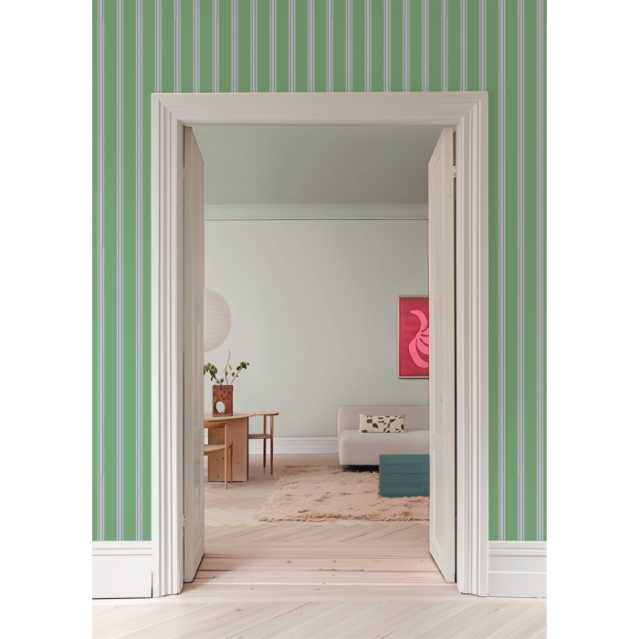 Behang Juna Twiggy van Bibelotte in een sfeervolle babykamer of kinderkamer met saliegroen streeppatroon