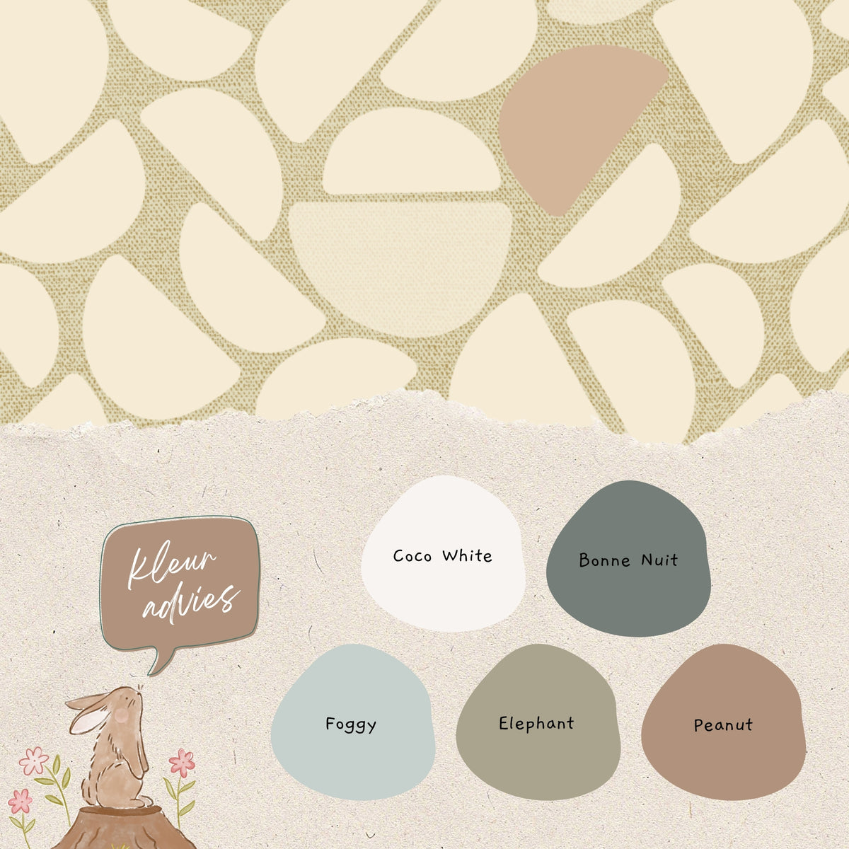 Advies voor bijpassende verfkleuren Pebble Beige behang met organische vormen en zachte beige- en zandtinten