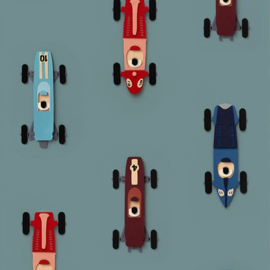 Raceauto behang blauw - Studio Ditte