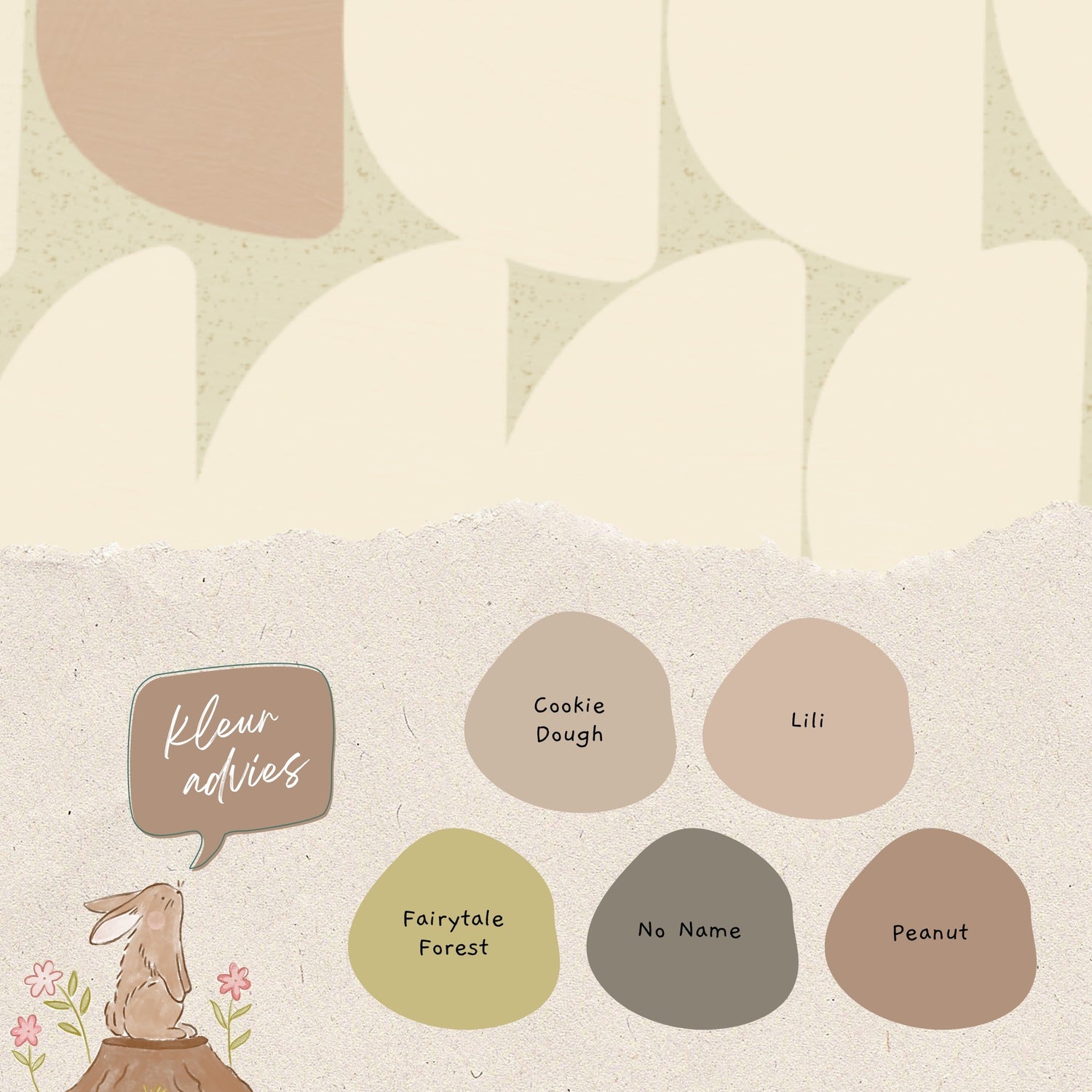 Advies voor bijpassende verfkleuren bij Behang Stone Beige Bibelotte print detail – organische vormen met warme natureltinten