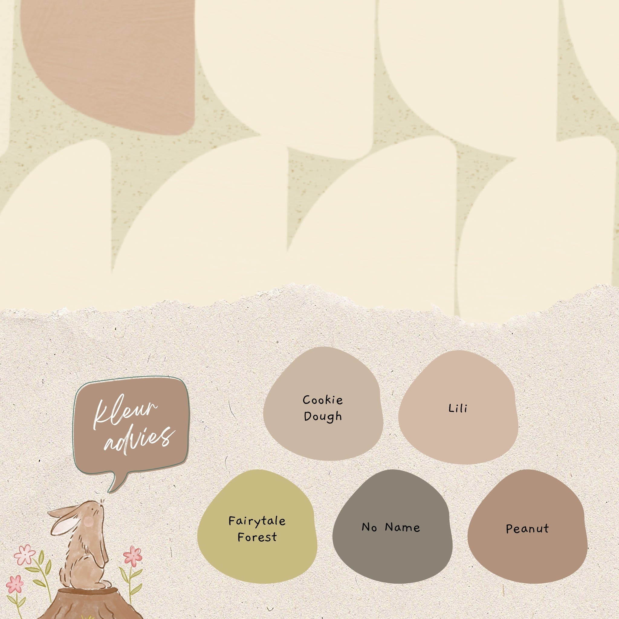 Advies voor bijpassende verfkleuren bij Behang Stone Beige Bibelotte print detail – organische vormen met warme natureltinten